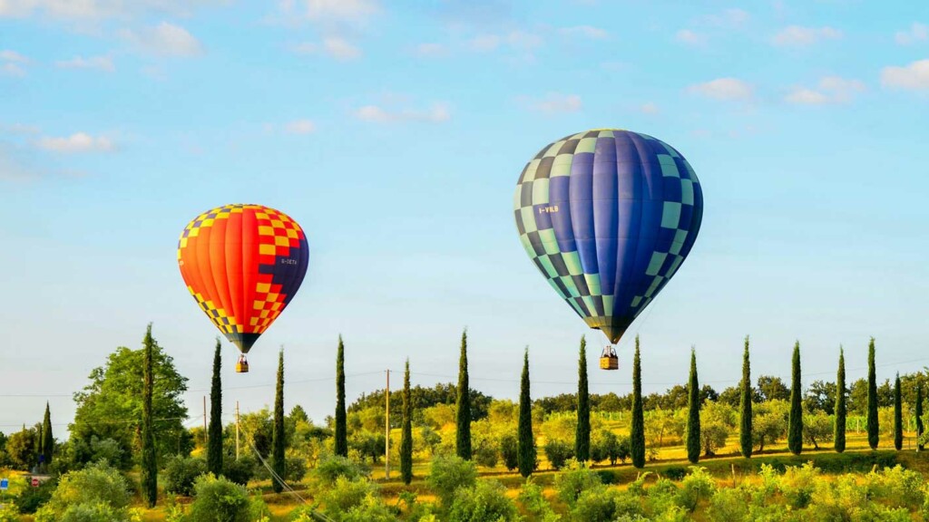 hot air balloon over san gimignano